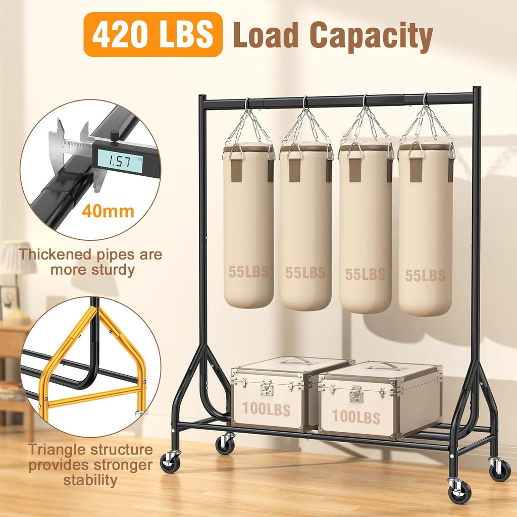 EAGMAK Heavy Duty Clothes Rack Load 420 LBS, 47.2" Long Rolling Garment Rack with Lockable Wheels, Standing Metal Clothing Hanger, Portable Wardrobe Sturdy Coat Organizer for Hanging Clothes (Black)