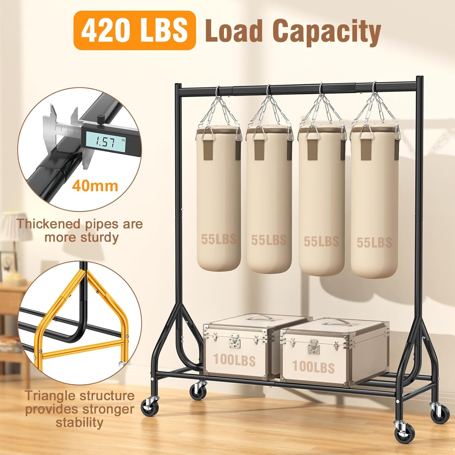EAGMAK Heavy Duty Clothes Rack Load 420 LBS, 47.2" Long Rolling Garment Rack with Lockable Wheels, Standing Metal Clothing Hanger, Portable Wardrobe Sturdy Coat Organizer for Hanging Clothes (Black)