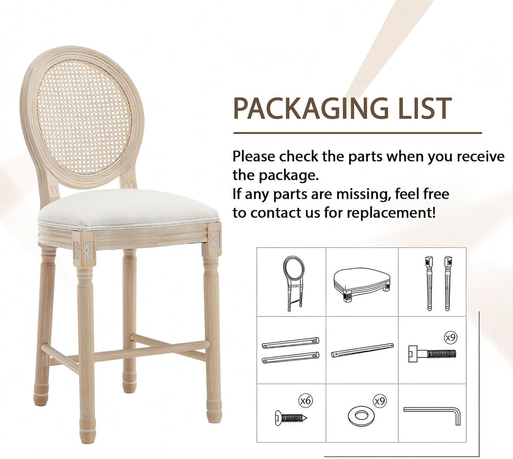 26” French Country Bar stools Set of 2,Rattan Counter Stools，Beige
