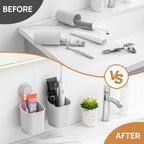 LEVERLOC Powerful Suction Toothbrush Holder 2 Pack, Removable Drill-Free Wall Shower Holder for Toothbrush, Toothpaste, Razor, Self-draining Suction Cup in Shower, Kitchen Tableware Organizer, Gray