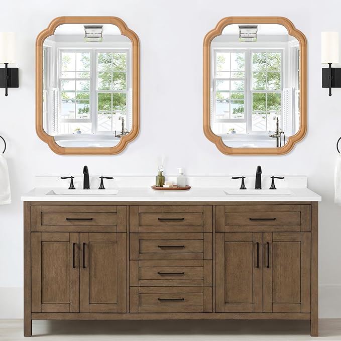 Natural Wood Framed Mirror,18X24 Inch Bathroom Mirror for Over Sink Wood Mirror for Bathroom Modern Rounded Corner Rectangle Wall Mounted Mirror for Bathroom (Horizontal/Vertical)