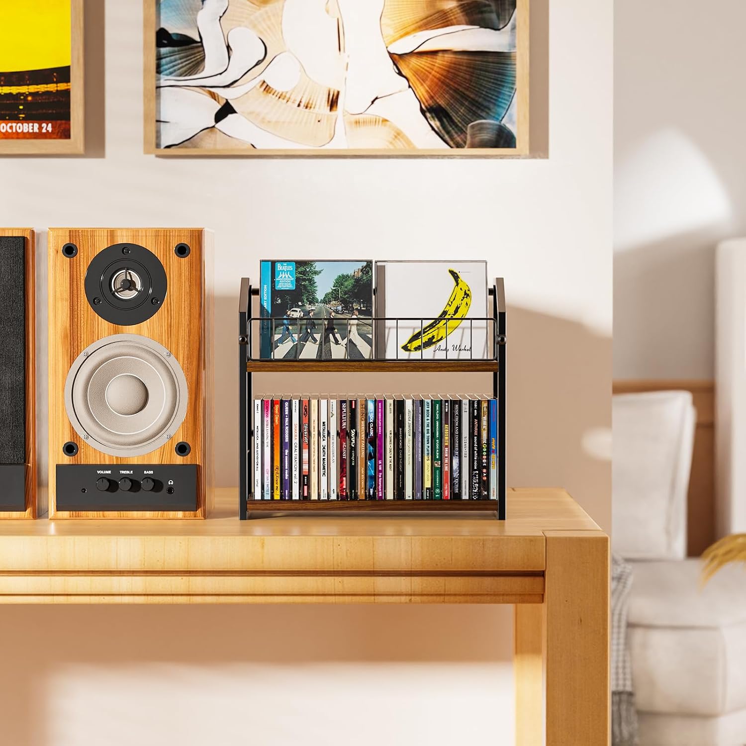 2-Tier CD Holder, CD Storage Rack for Display, CD Organizer with Rubber Feet, Stores Up to 60 CDs for Shelf Storage and Organization, for Music Enthusiasts and Collector Walnut