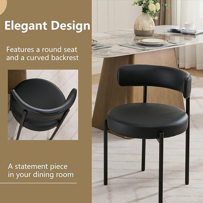 Faux Leather Dining Chairs Set of 2, Upholstered Kitchen and Dining Room Chairs, Mid-Century Modern Dining Chairs with Round Back and Black Metal Legs, Vegan Leather, Black