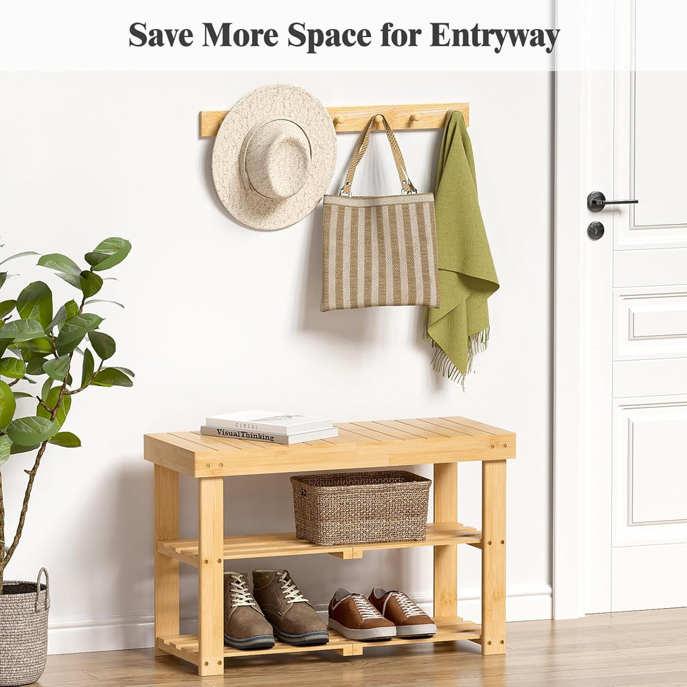 BAMBUROBA Bamboo Shoe Rack Bench, 3-Tier Entryway Bench, Small Shoes Storage ...