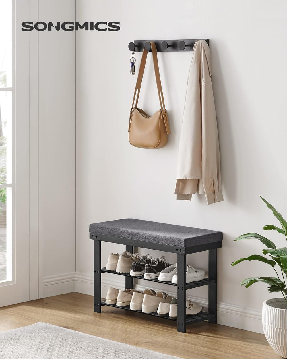 SONGMICS Bamboo Shoe Bench, 3-Tier Shoe Rack Organizer for Entryway, Living R...