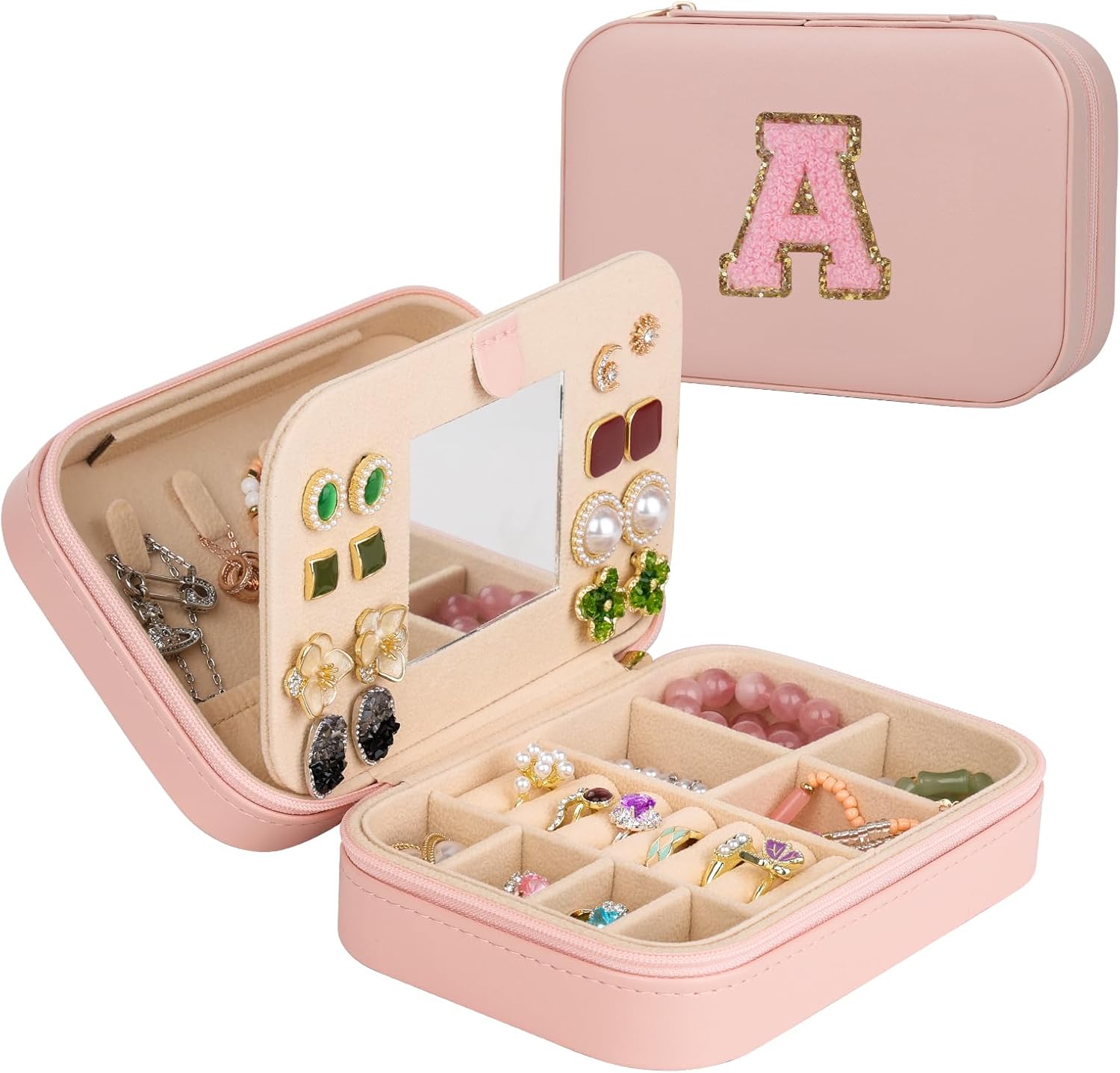 TopPerfekt Travel Jewelry Case, Jewelry Box with Mirror, Jewelry Organizer Bridal Shower Gifts to Her, Earring Storage Travel Case, Trendy Gift for Women and Girls, Girlfriend-Letter A, Pink
