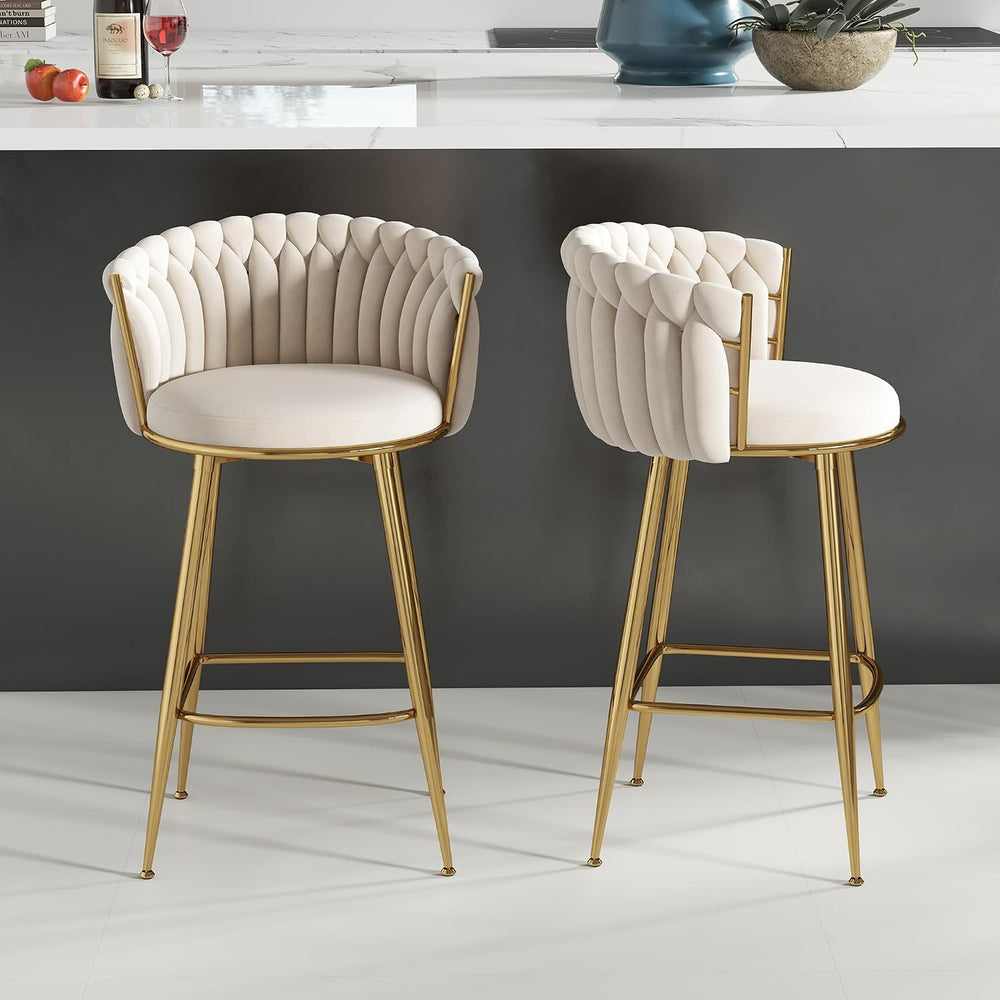 Beige Velvet Bar Stool Set of 2, 27" Counter Height with Woven Backrest