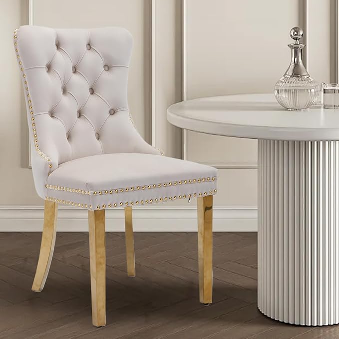 Velvet Upholstered Dining Chairs Set of 6, Modern Style Kitchen Side Chairs with Nailhead Trim and Gold Plated Leg, Metal Pulling Ring for Dining Room Living Room(Beige-Gold Plated Leg)