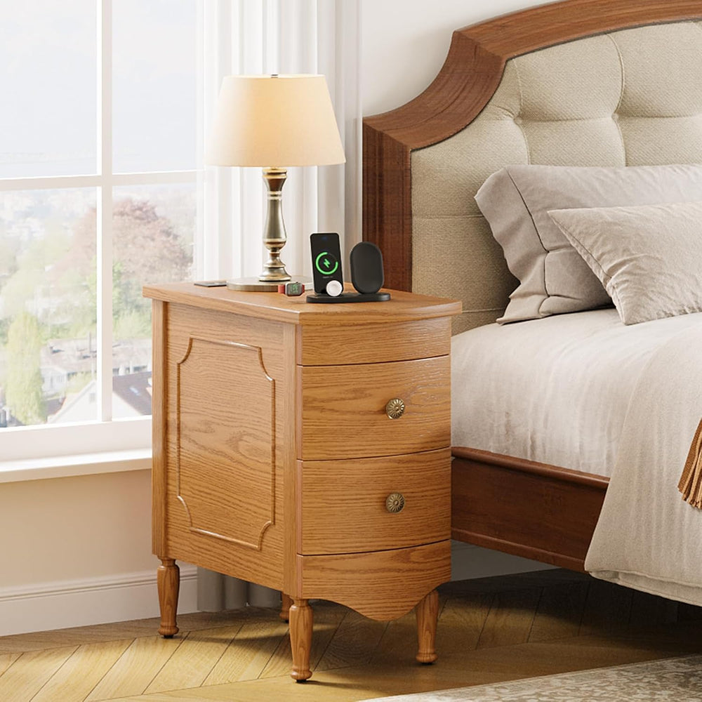 End Table Set of 2 with Charging Station, Narrow Side Table with 2 Drawer, Wo...