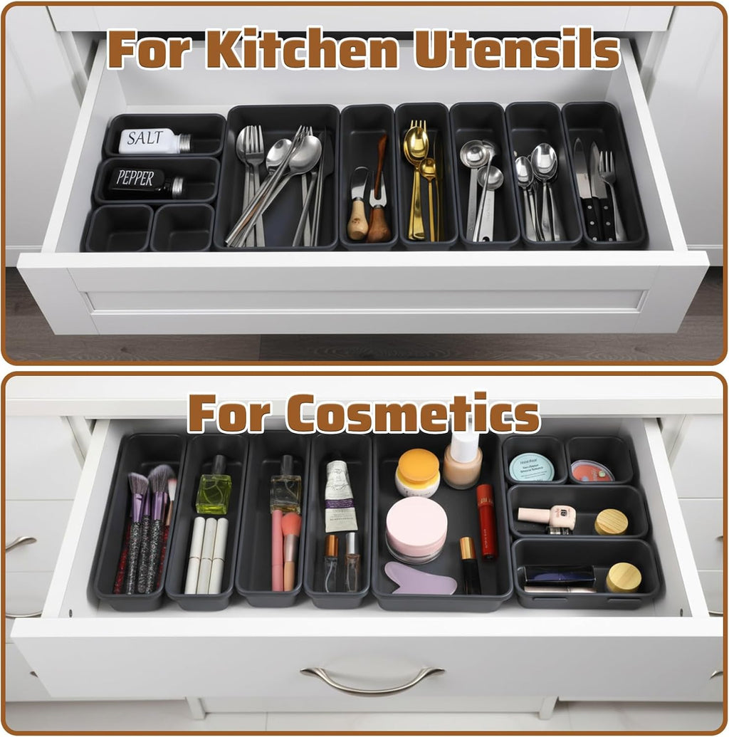 9 Pcs Stackable Drawer Organizer Trays Set, Multifunctional Storage Trays for Vanity, Bathroom, Kitchen, Office, Multi-size Durable Plastic Desk Drawer Organizer Bins, Custom Layout Design