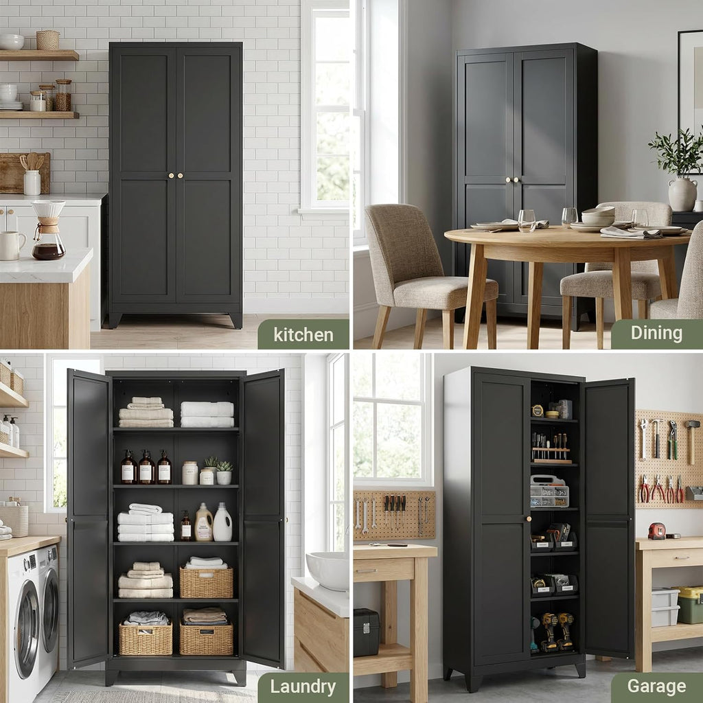 75" Metal Kitchen Storage Cabinet with Doors, Freestanding Steel Pantry Cabinet, 5 Adjustable Shelves, for Dining Room, Black