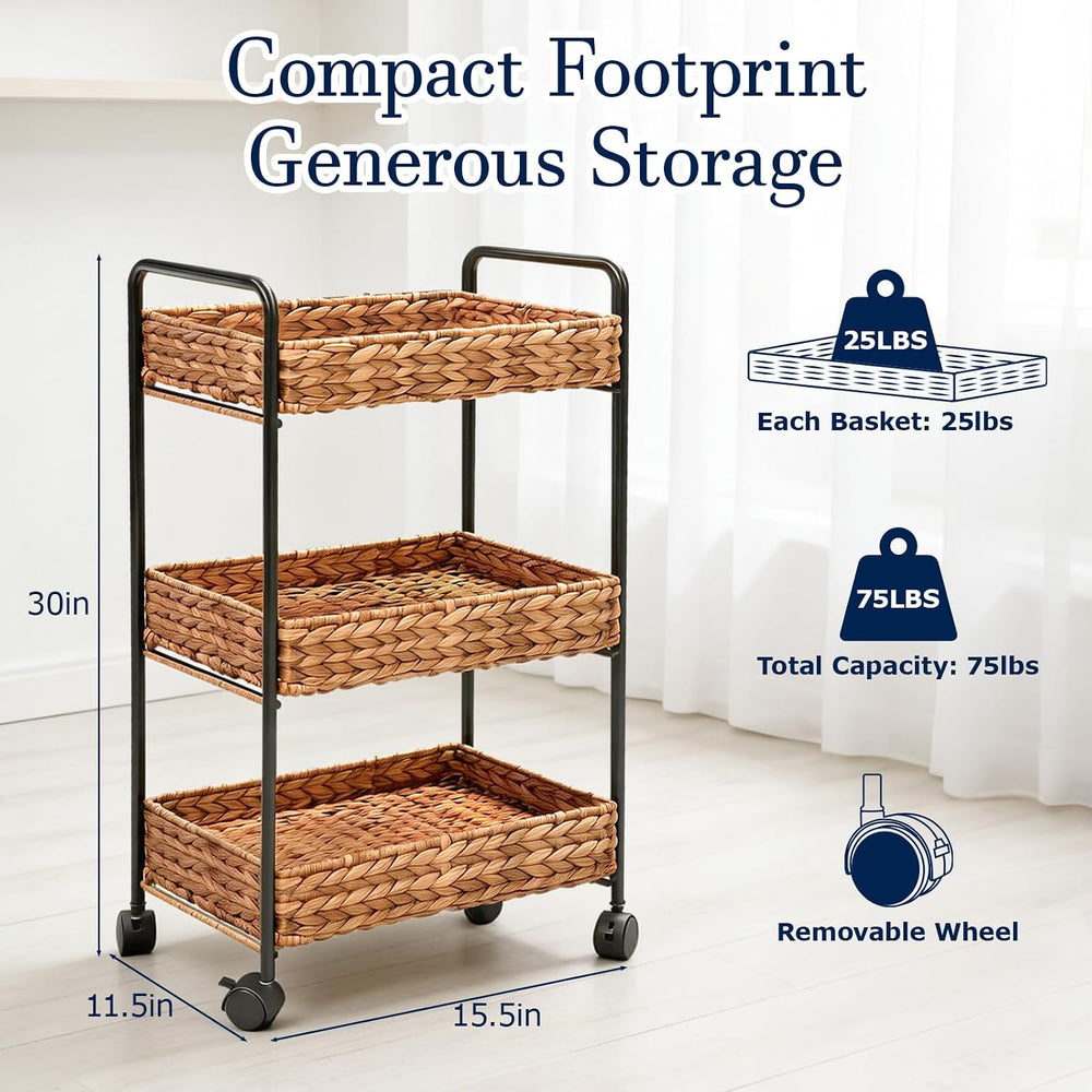 3-Tier Wicker Rolling Storage Cart, 30×15×11 Inch (Chestnut)