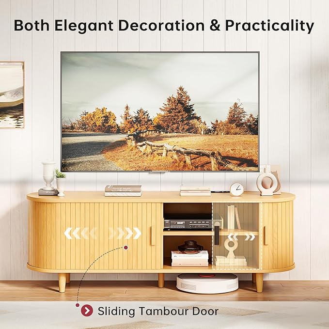 58" Mid Century Modern TV Stand, Wood TV Consoles with Sliding Doors and Power Outlet, Entertainment Center with Adjustable Shelves, Fluted TV Stands for Living Room, Oak