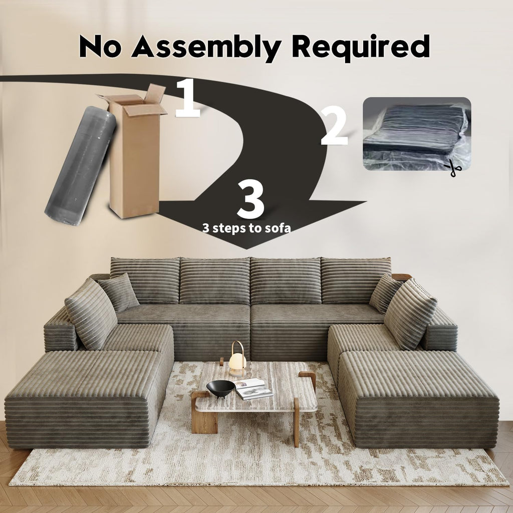 139.4" Modular Sectional Sofa Couch, Oversized U-Shaped Minimalist Couches with 2 Ottomans Chaise and 2 Middle Seats, Modern Deep Seat Cloud Plush Corduroy Sofas Set for Living Room, 8 Seater, Camel