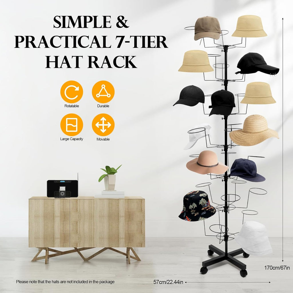 7-Tier Freestanding Hat Rack, 35 Hooks Rotating Hat Display Stand with Wheels, Black Metal Hat Holder Organizer for Retail Stores, Home, Hotels Use
