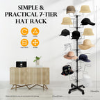 7-Tier Rotating Iron Hat Rack with Wheels & Brakes, Heavy Duty 35-Hat Organizer for Home/Store, Black Modern Free Standing Wig Display Stand, 11lbs Capacity (Black)