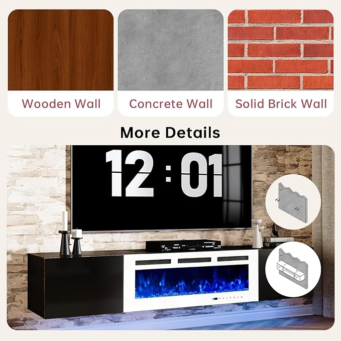 MXV 80'' Floating TV Stand, Modern Media Entertainment Center with 40" Electric Fireplace, TV Console Cabinet Wall Mounted, Adjustable 12-Color LED Lights, for Living Room, Black + White