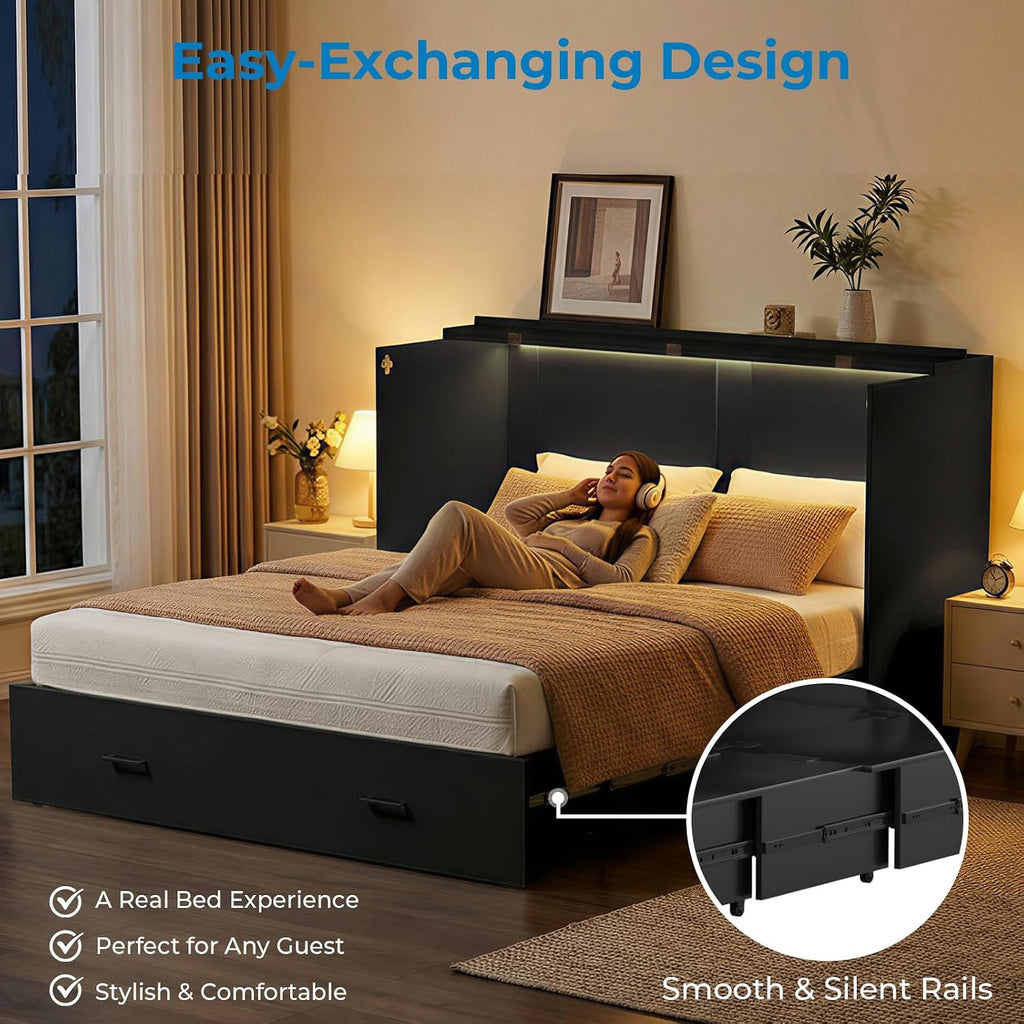 Mjkone 63.4" Width Queen Size Murphy Bed Cabinet with Tri-Folding Mattress Included, High Gloss MDF Storage Cabinet Guest Bed Chest Cabinets with 16 Colors of LED Lights for Home Offices, Black