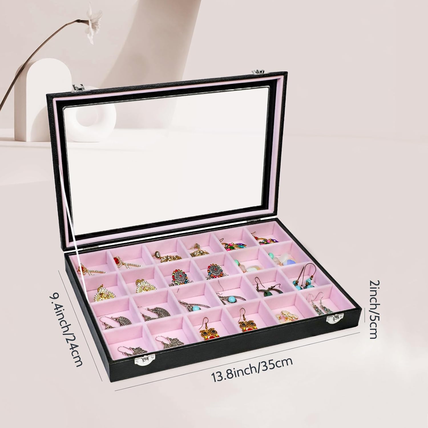 Stratalife Earring Organizer Velvet Jewelry Organizer Box Jewelry Display Storage Tray Ring Case with Clasp for Women 24 Grid (Pink Black)