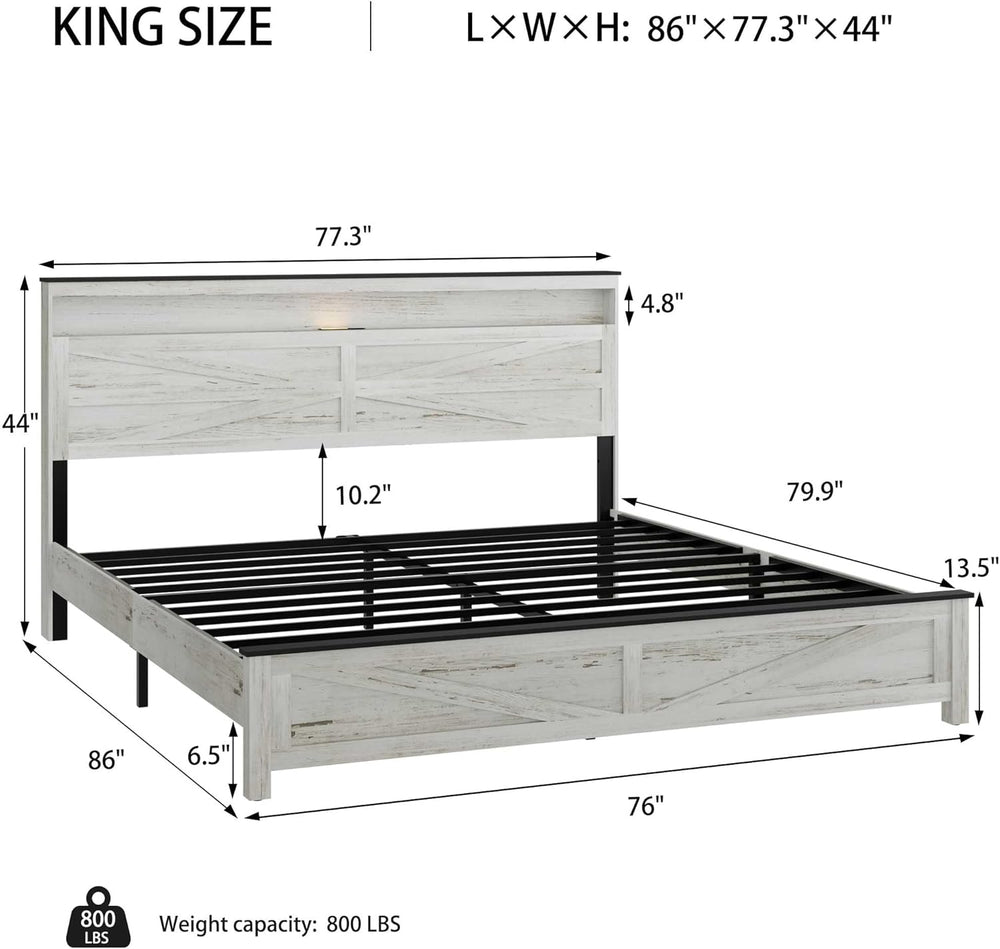 Ball & Cast Wood King Size Bed Frame with Storage Headboard,Farmhouse Pla...