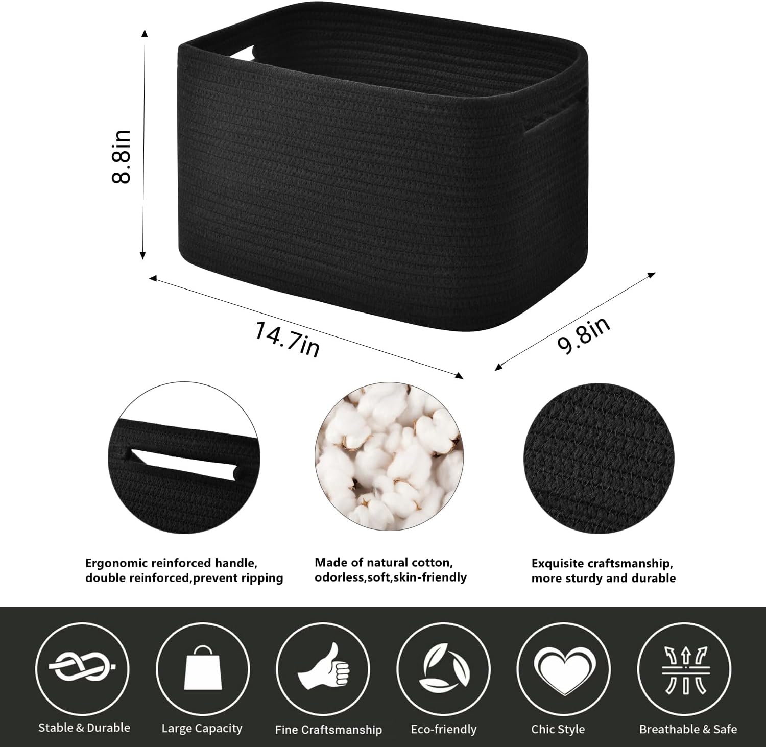 Issudata Storage Basket, Woven and Cotton Rope Baskets for Organizing, Decorative Book, Towel, Toy Baskets or Storage Bins for Living Room - 3 Pack, Black