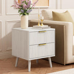 CARPETNAL Fluted Nightstand, White Bedside Table with 2 Drawers and Gold Handles, Wood End Table Mid Century Night Stands for Bedroom Living Room