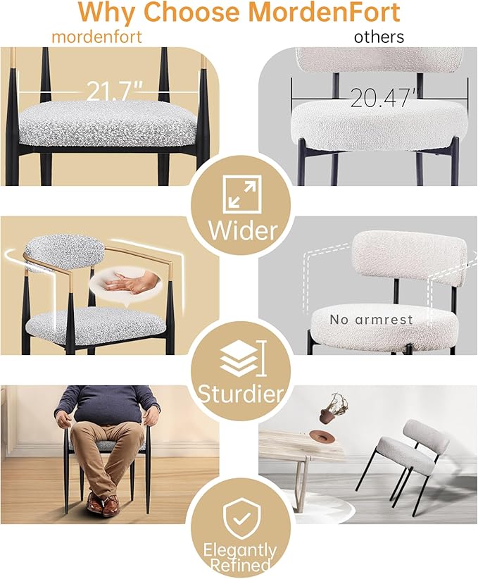 Morden Fort Mid-Century Modern Boucle Dining Chairs Set of 6, Brushed Gold Armchairs with Black Metal Legs and Upholstered Cushion, Sherpa Accent Chairs for Living Room Bedroom Outdoor Lounge