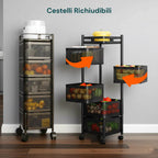 Avilia - Multipurpose Folding Trolley with Wheels with Large Baskets and Space-Saving Structure for Kitchen, Bathroom and Office, Folding Design with Brake Wheels (Black Square, 5 Baskets)