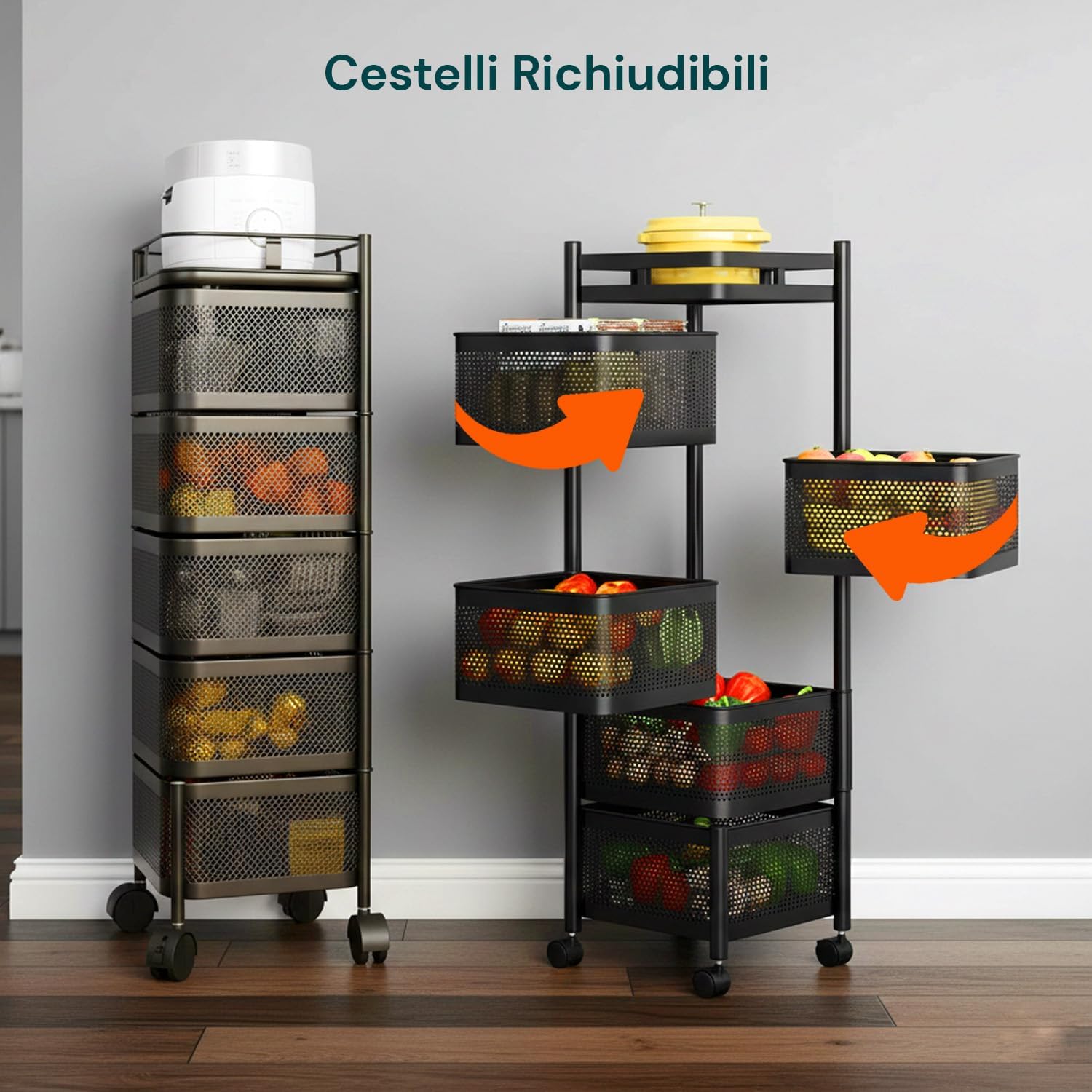 Avilia - Multipurpose Folding Trolley with Wheels with Large Baskets and Space-Saving Structure for Kitchen, Bathroom and Office, Folding Design with Brake Wheels (Black Square, 5 Baskets)