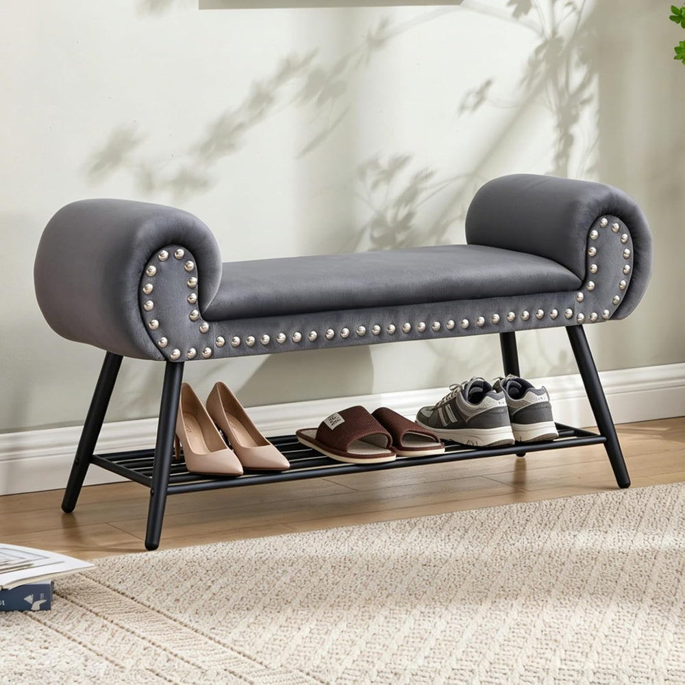 45" Velvet Entryway Bench with Shoe Storage Shelf, Grey | Upholstered be...
