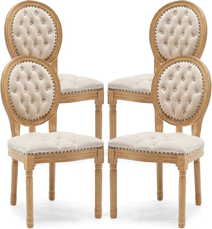 Upholstered Dining Chairs Set of 4 French Country Oval Fabric Back Kitchen Side Chair with Wood Legs for Dining Room, Kitchen, Restaurant(Beige-Velvet)
