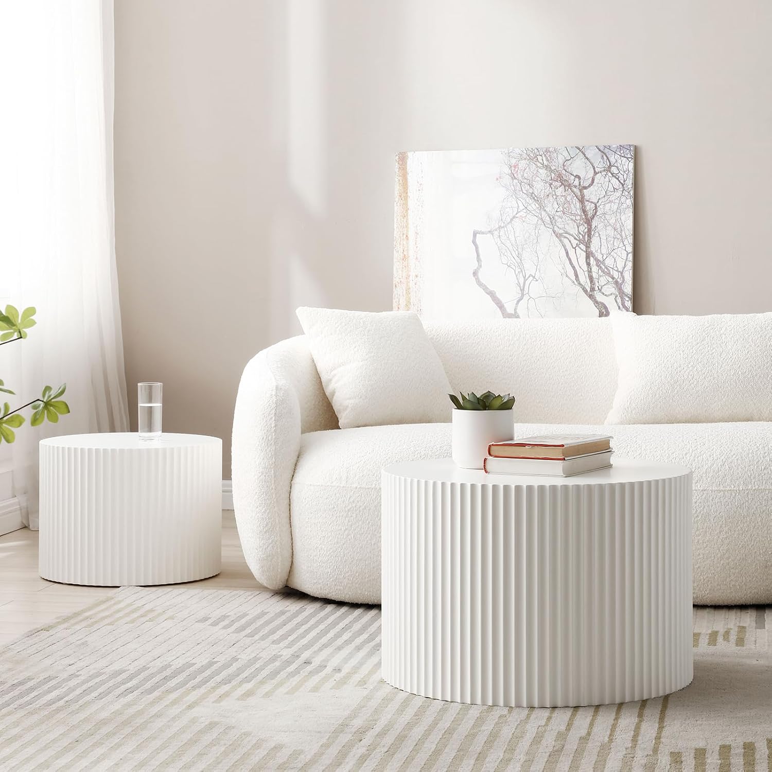 Round Nesting Coffee Table Set of 2, Modern Handcraft Wood Side Table Drum Accent End Table Embossed Design Circular Coffee Table Set for Living Room Bedroom, White