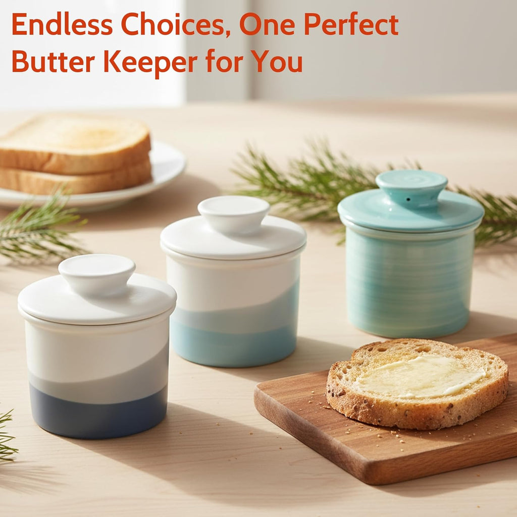 Sweese Light Blue French Butter Crock with Lid – Ceramic Butter Keeper Crock with Water for Countertop Use, Matte Glazed French Butter Keeper, Dishwasher & Microwave Safe