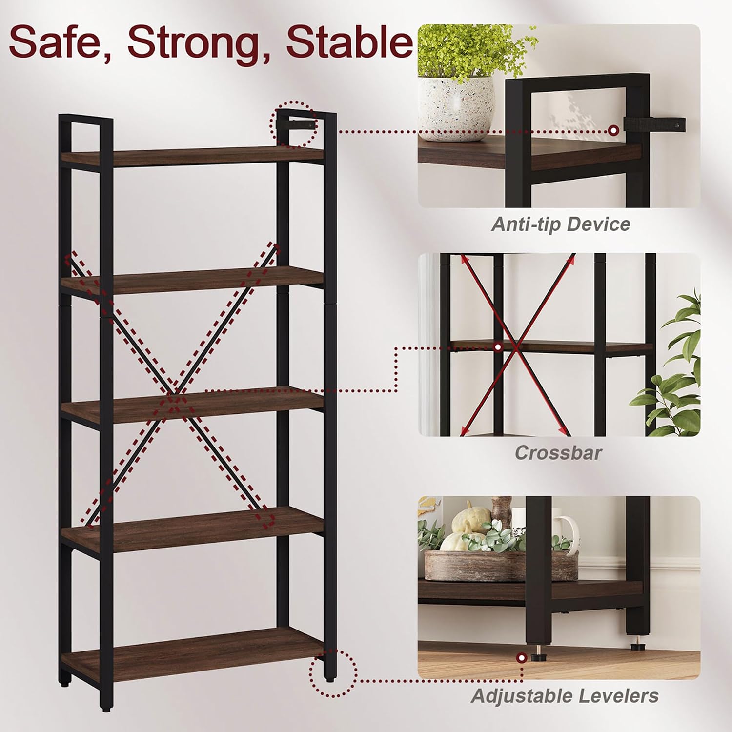 5 Tier Industrial Bookshelf, Rustic Etagere Bookcase for Display, Vintage Shelving Unit Wood and Metal Tall Book Shelves for Home Office (Dark Walnut)