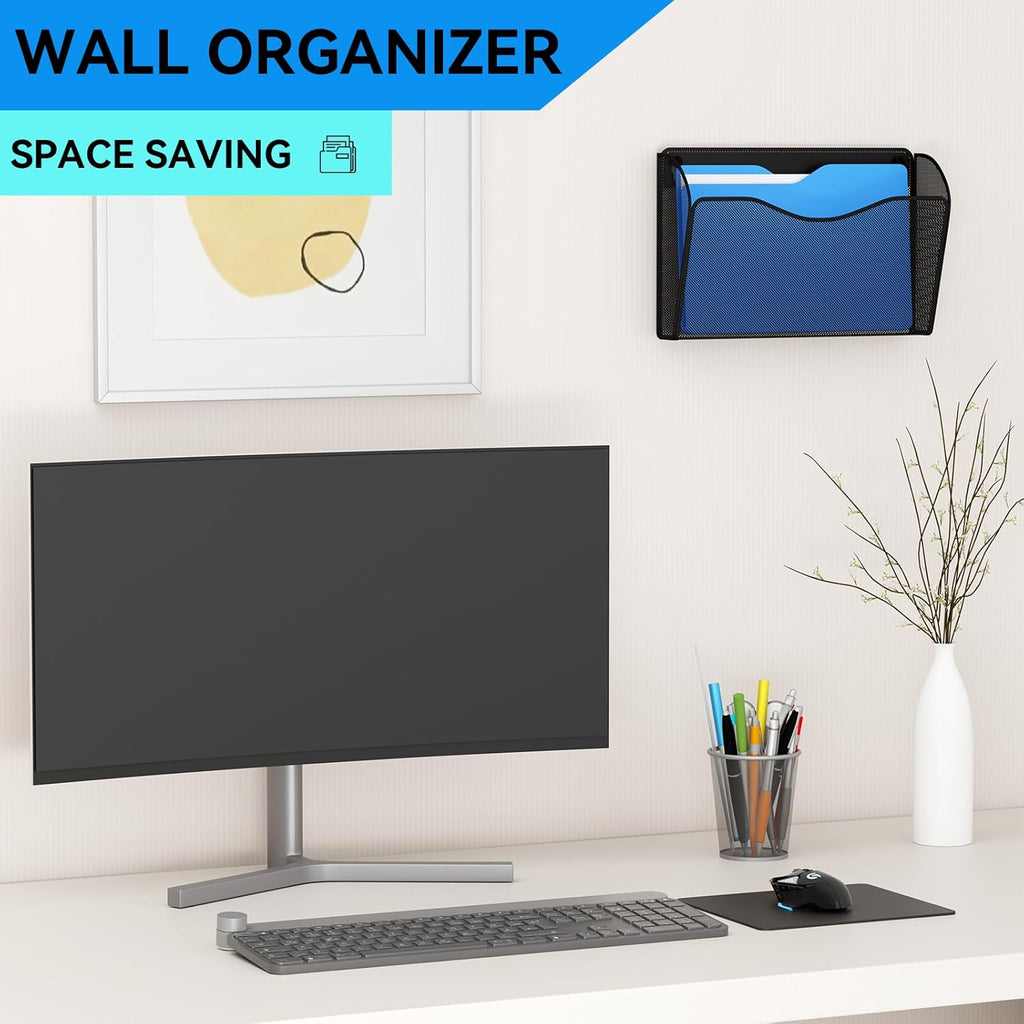 Single Pocket Wall File Holder, Mesh Hanging File Folder Paper Organizer, Vertical Wall Mounted Mail Basket, Storage Organization Magazine Rack for Office, Home and School, Black