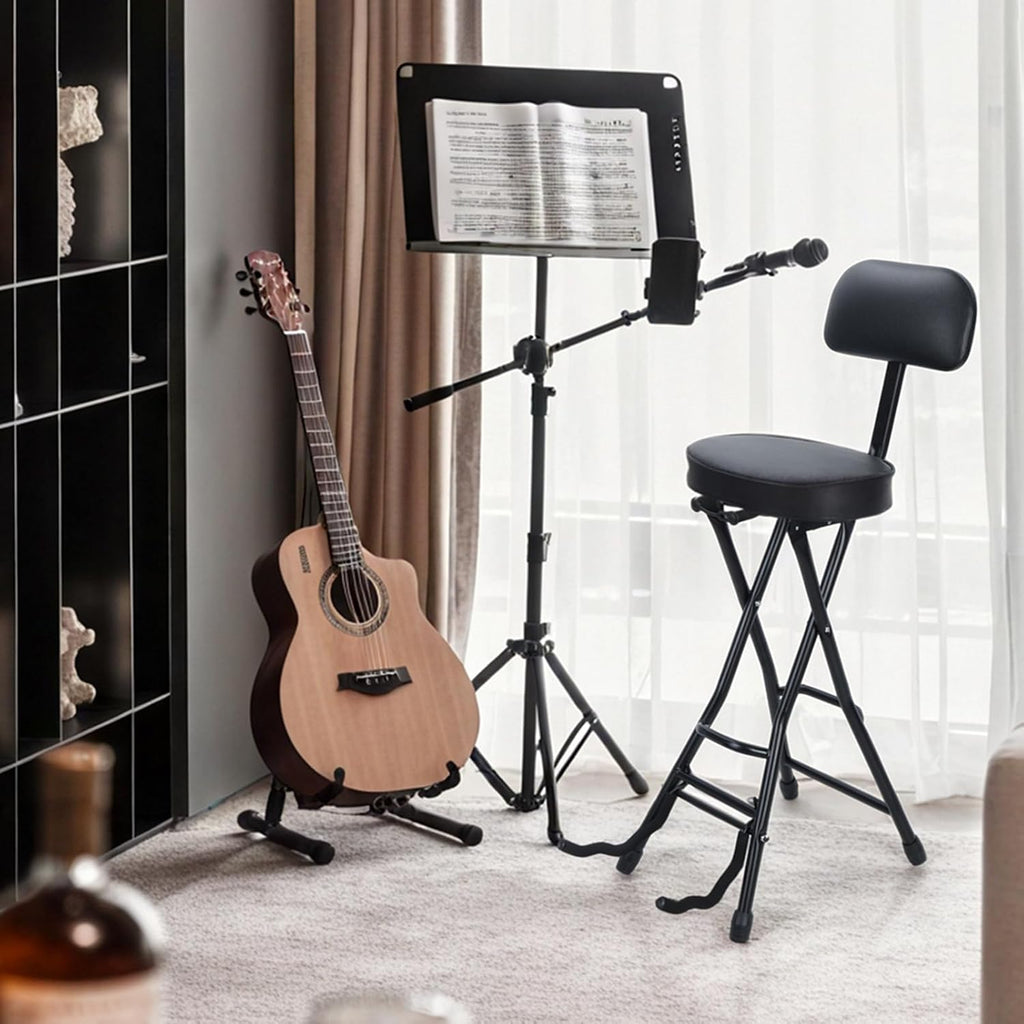 Folding Guitar Stool Chair with Padded Seat, Ergonomic Backrest & Built-in Stand - Heavy Duty Portable Seat for Acoustic, Electric, Bass Guitar Practice & Performance Black