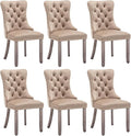 Velvet Dining Chairs Set of 6, Upholstered Dining Room Chairs with Nailhead Ring Pull Trim, Button Tufted Wing Back Chairs for Dining with Solid Wood Legs for Kitchen Dining Room(Khaki)