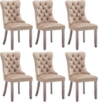 Velvet Dining Chairs Set of 6, Upholstered Dining Room Chairs with Nailhead Ring Pull Trim, Button Tufted Wing Back Chairs for Dining with Solid Wood Legs for Kitchen Dining Room(Khaki)