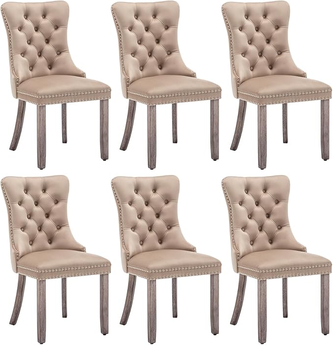 Velvet Dining Chairs Set of 6, Upholstered Dining Room Chairs with Nailhead Ring Pull Trim, Button Tufted Wing Back Chairs for Dining with Solid Wood Legs for Kitchen Dining Room(Khaki)