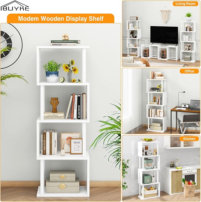 IBUYKE 5-Tier Tall Bookshelf,S-Shaped Geometric Bookcase, Wood Display Shelve...