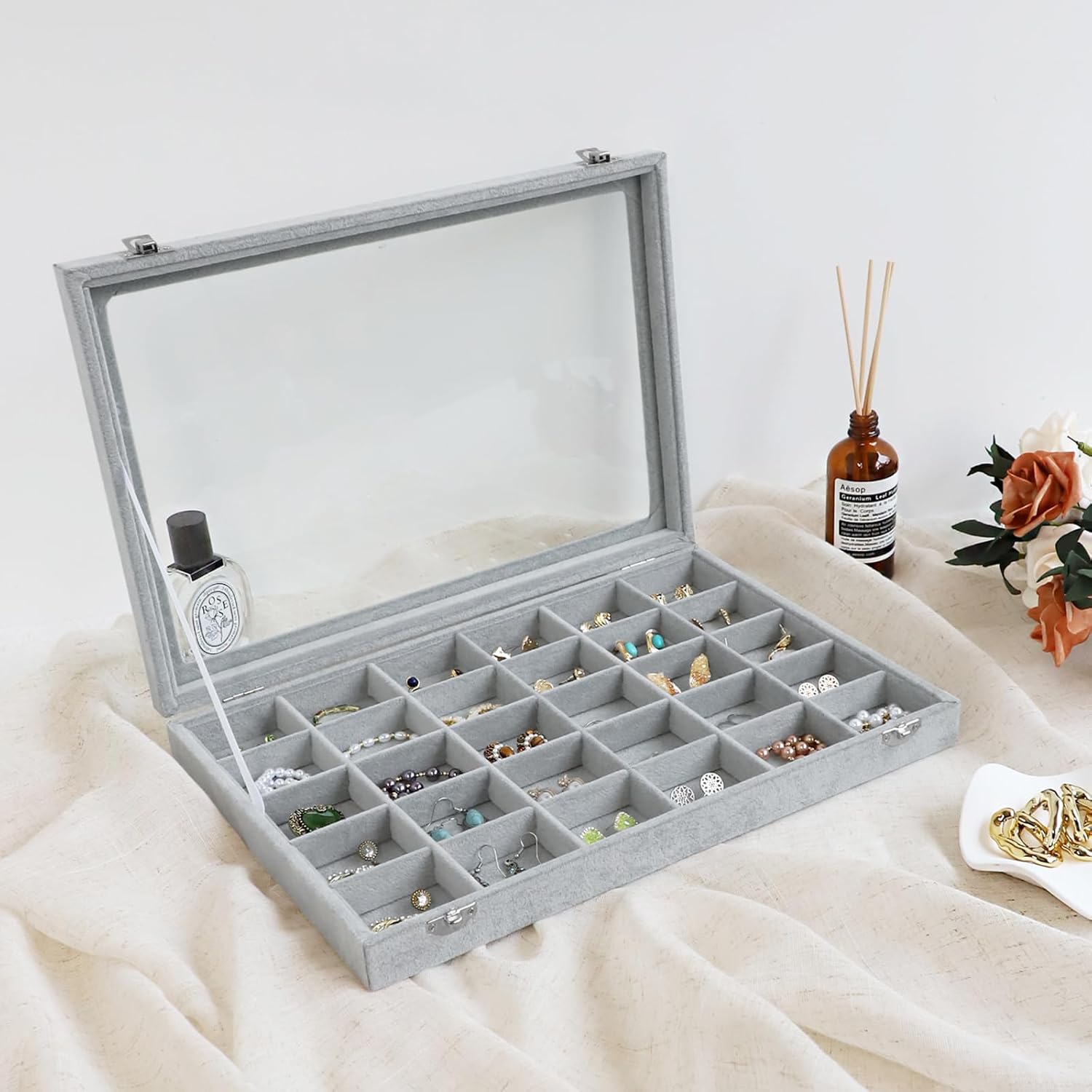 Wudygirl 30 Grid Jewelry Organizer Velvet Jewelry Box Jewelry Tray with Clear Lid Storage Case Showcase Display Stackable Removable (30 Grid)