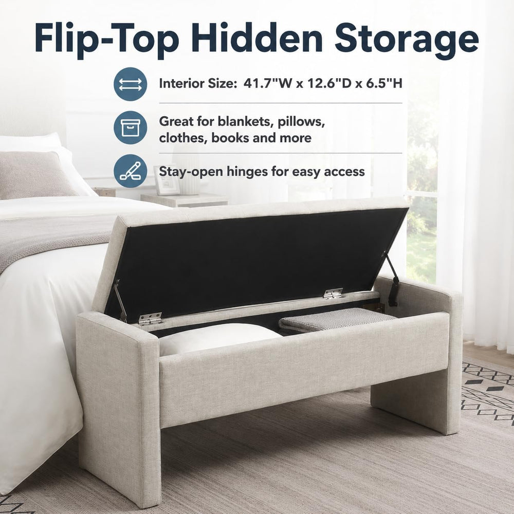 47.25 Inch Storage Ottoman Bench, Linen Upholstered, Light Grey | End of Bed ...