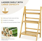 Foldable Ladder Shelf 39.4", Plant Shelf 3 Tier, Bamboo Ladder Flower Pot Display Shelf, Freestanding Ladder Bookshelf for Living Room, Balcony, Yard, Garden, 23.6"W x 15"D x 39.4"H, Natural
