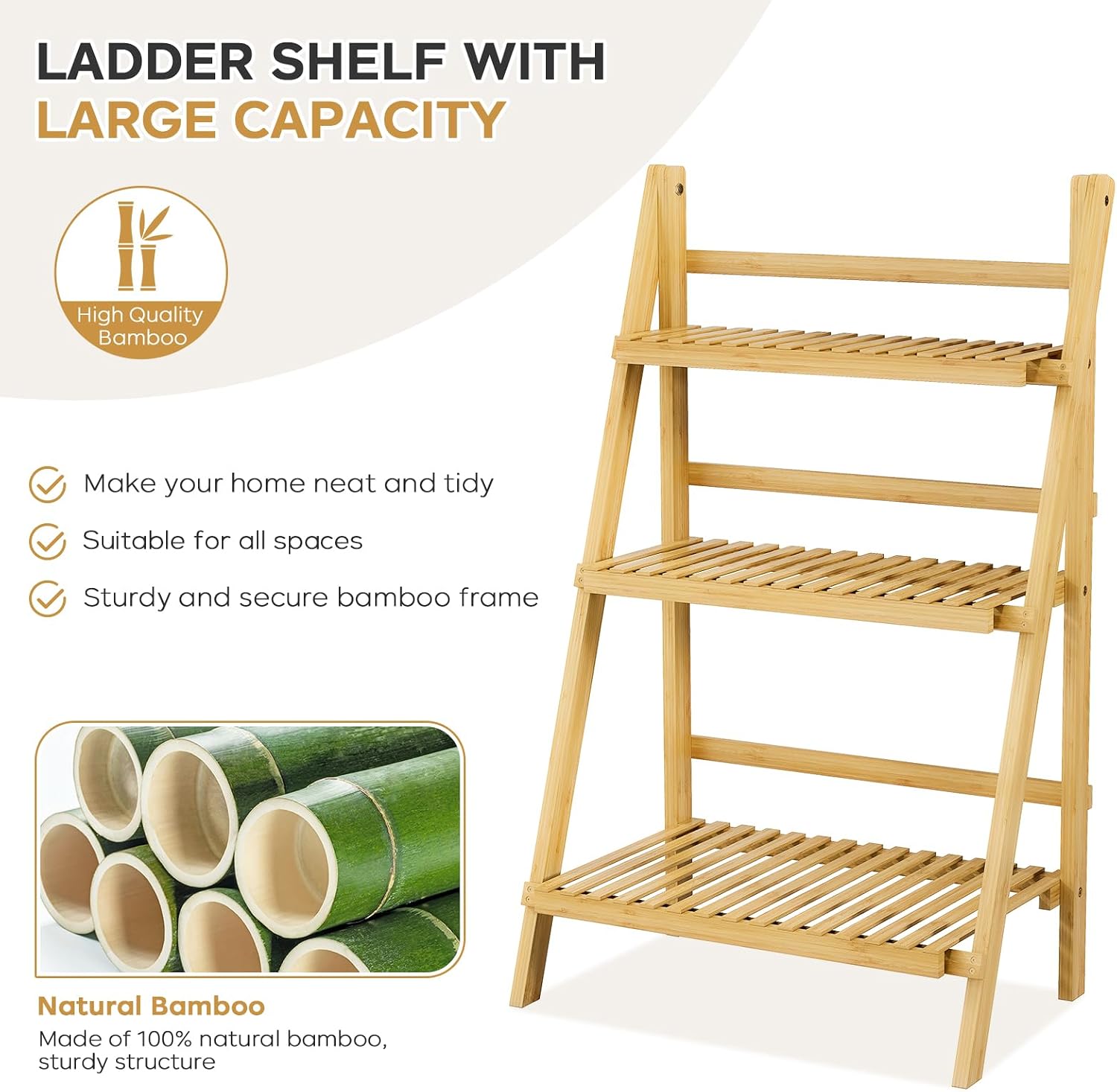 Foldable Ladder Shelf 39.4", Plant Shelf 3 Tier, Bamboo Ladder Flower Pot Display Shelf, Freestanding Ladder Bookshelf for Living Room, Balcony, Yard, Garden, 23.6"W x 15"D x 39.4"H, Natural