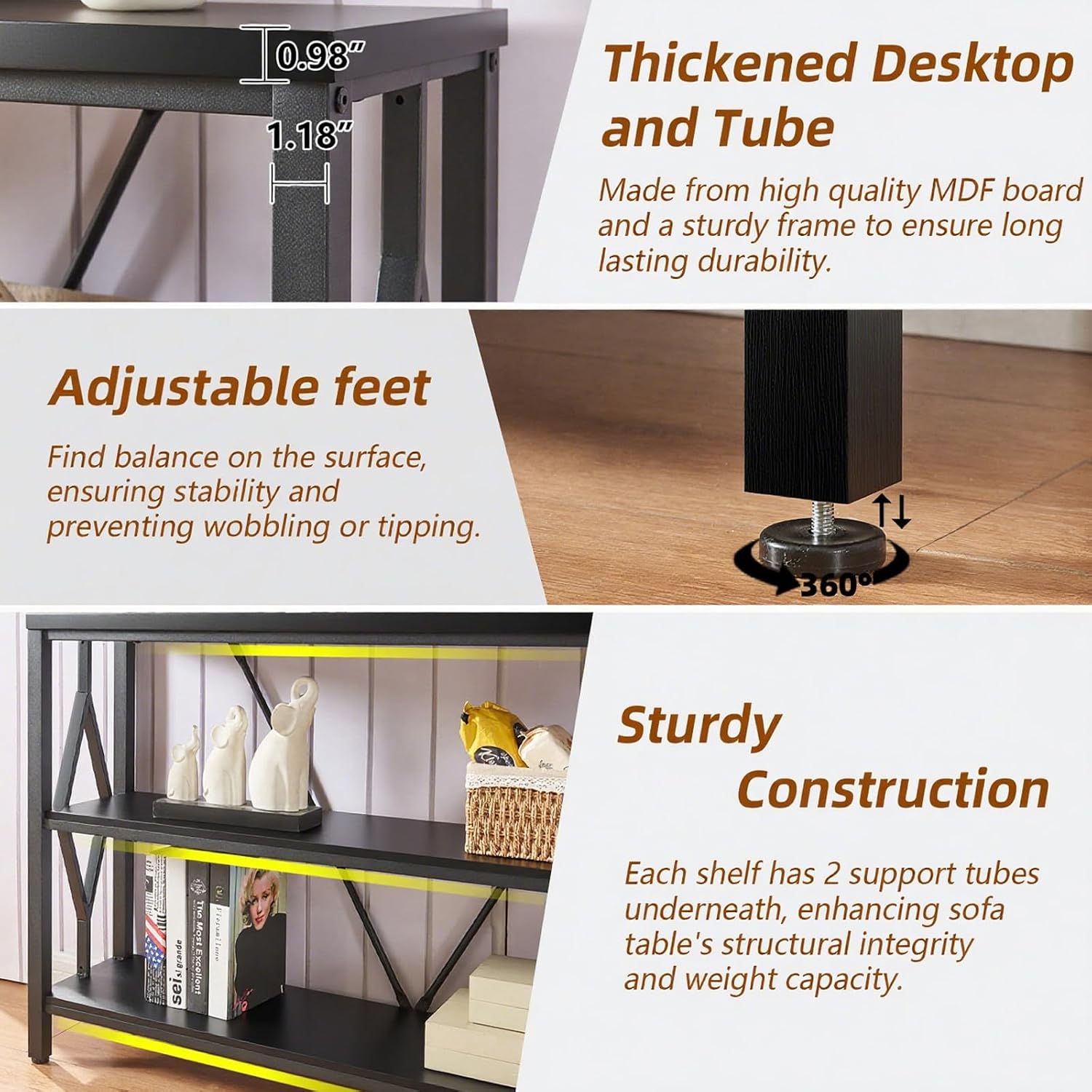 HOMISSUE Sofa Console Table, Rustic Console Table with 3-Tier Storage, Engineered Wood Sofa Tables with Open Shelves, Heavy Duty Entryway Tables for Living Room, Hallway (47 Inch, Black)