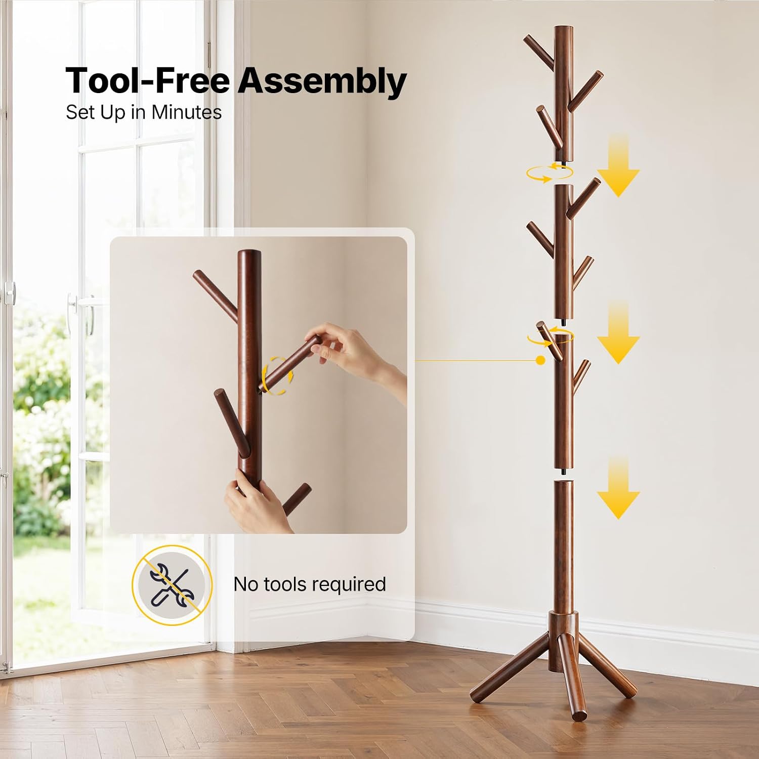 AMADA Solid Wooden Coat Rack Freestanding with 8 Hooks, Walnut | 100% solid wood, 3 height options, widened base for stability, tool-free assembly, smooth rods & hooks prevent clothing snags