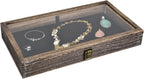 MOOCA Wooden Jewelry Display Case Tempered Glass Top Lid, Gemstone Display Case with Metal Clasp and Removable Black Luxurious MDF Velvet Jewelry Pad, Coffee Color