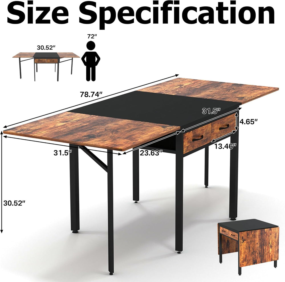 Folding Dining Table,Dining Room Table with Drawers,Industrial Extendable Tab...