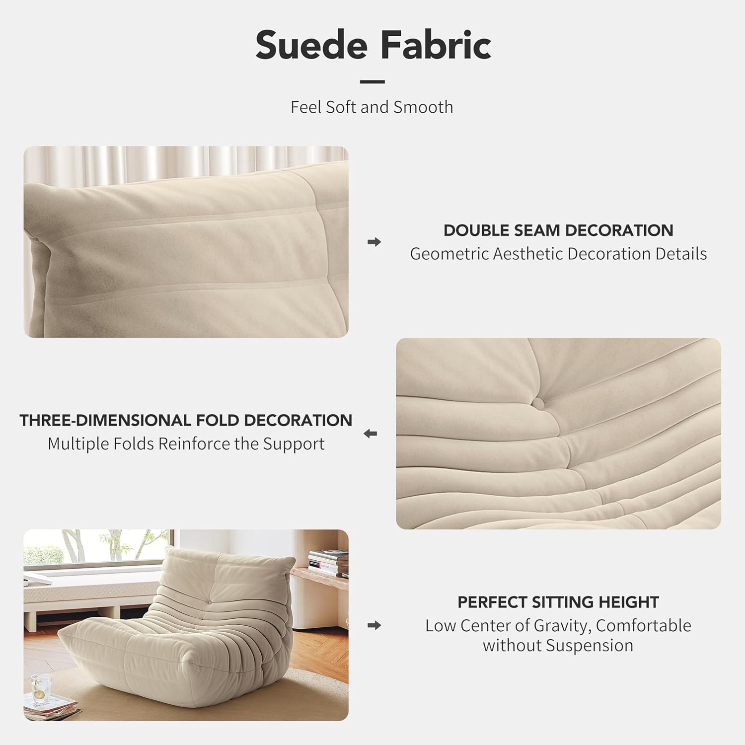 High-end Uncompressed Togo Bean Bag Chair for Adults, Memory Foam Floor Sofa Couch with Soft Fabric, Comfy Fireside Lounge Chair for Living Room, Bedroom, Apartment & Reading Nook Suede Antique White
