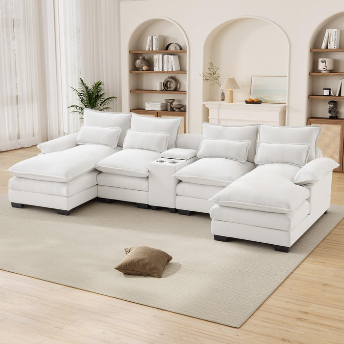 124" Oversized U Shaped Cloud Couch Modular Sectional Couches for Living Room Comfy Chenille Deep Seat Sofa Set with Double Chaise Lounge, Storage Central Console, USB Port, Cup Holders, Beige